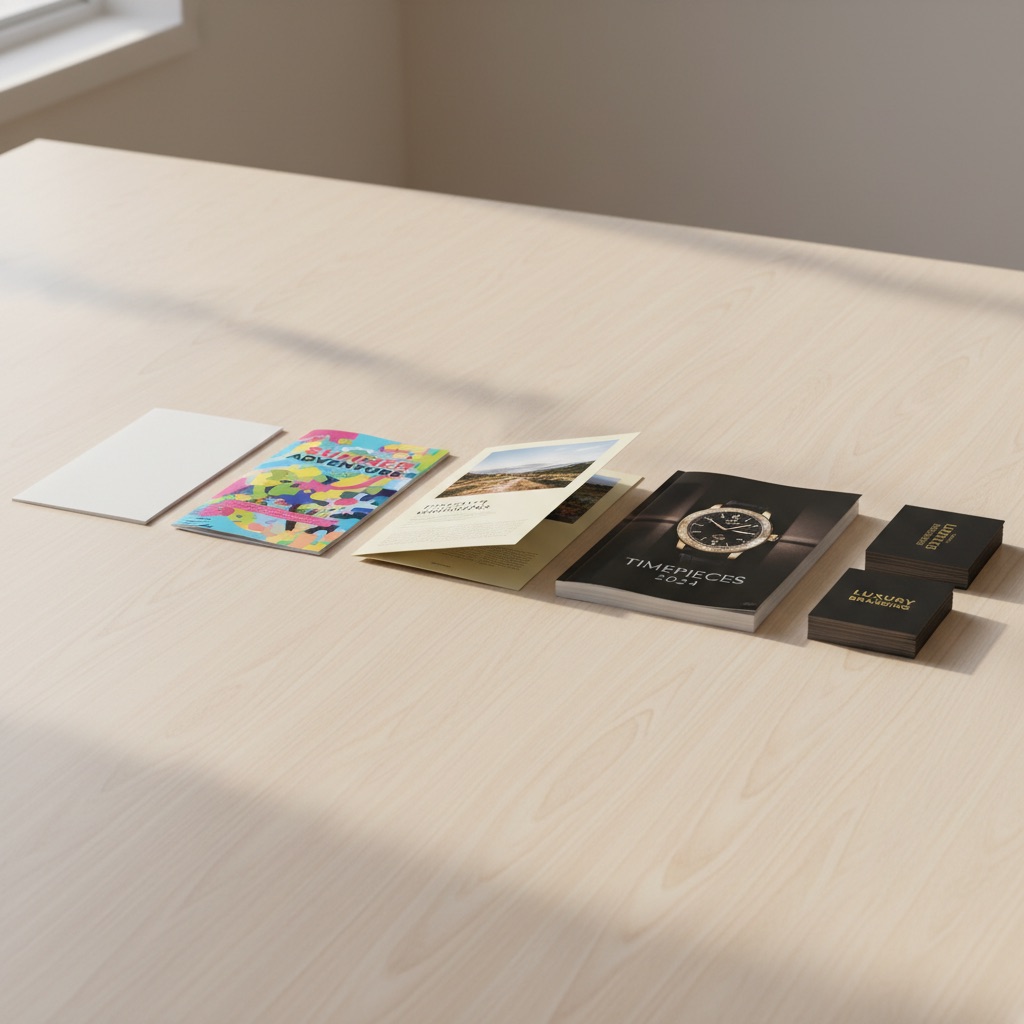 용지 그램수별 실제 인쇄물 비교 — 얇은 복사용지부터 전단지, 리플렛, 카탈로그, 명함까지 두께 차이를 보여주는 사진